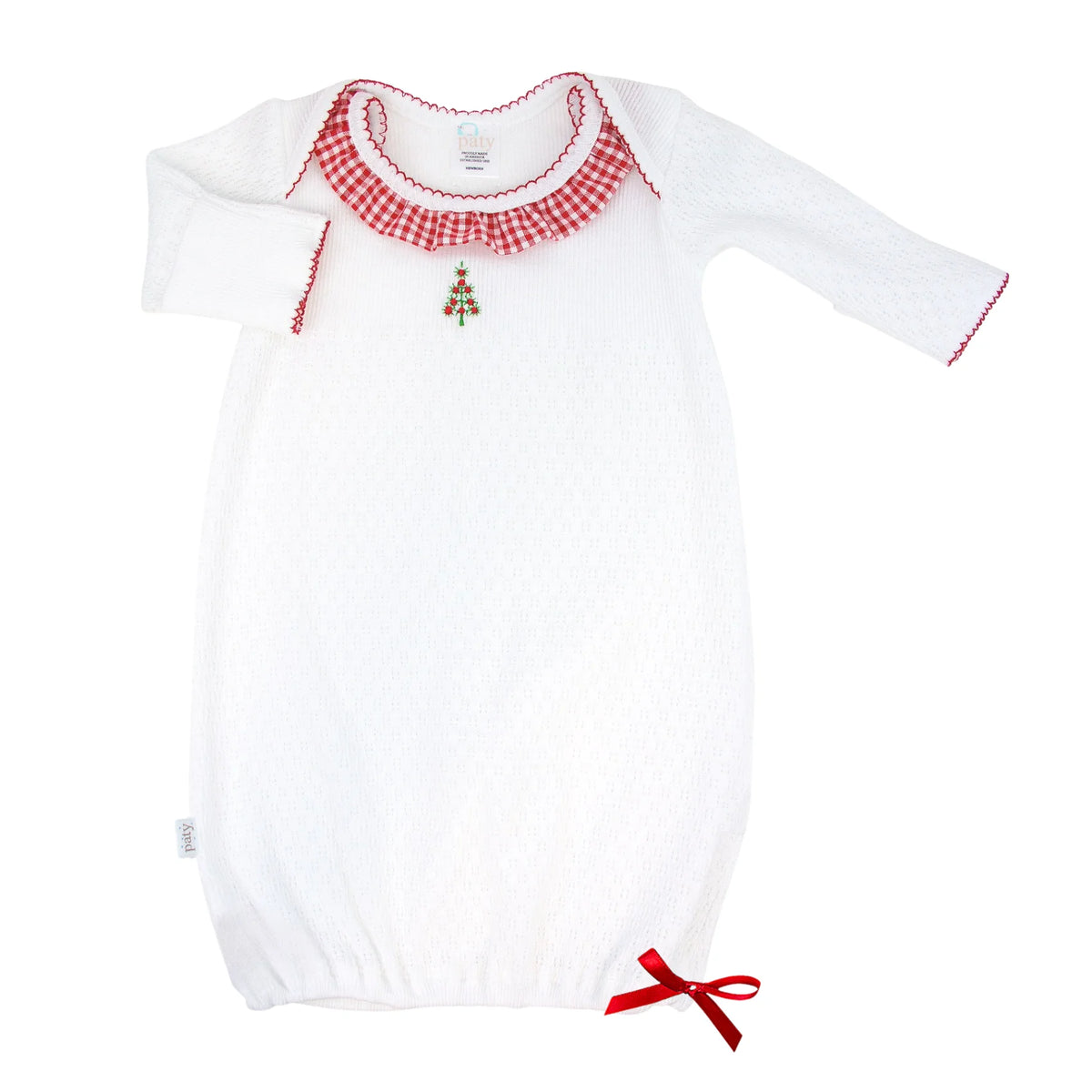 PatyKnit™ Overlap Shoulder Gown with Gingham Ruffle & Swiss Christmas Tree Embroidery