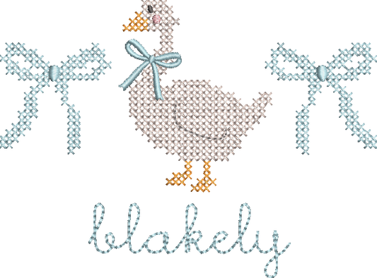cross-stitch goose and bows