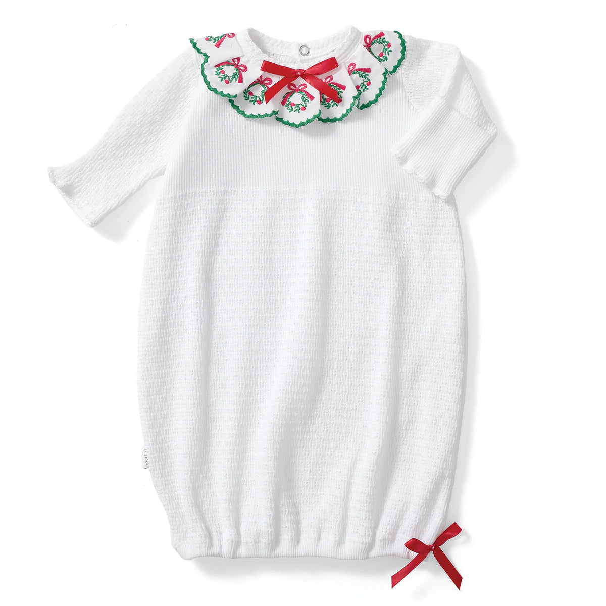 PatyKnit™ Baby Christmas Gown with Swiss Embroidered Wreath Trim