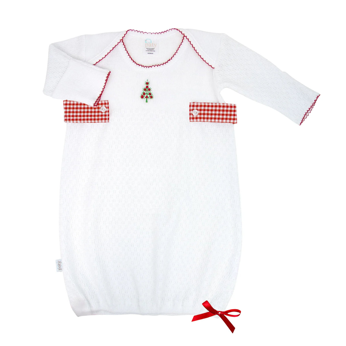 PatyKnit™ Overlap Shoulder Gown with Gingham Tabs & Swiss Christmas Tree Embroidery