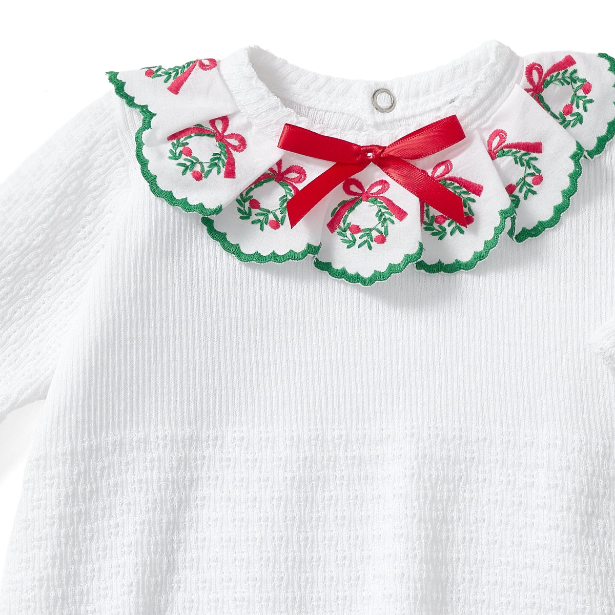 PatyKnit™ Baby Christmas Gown with Swiss Embroidered Wreath Trim