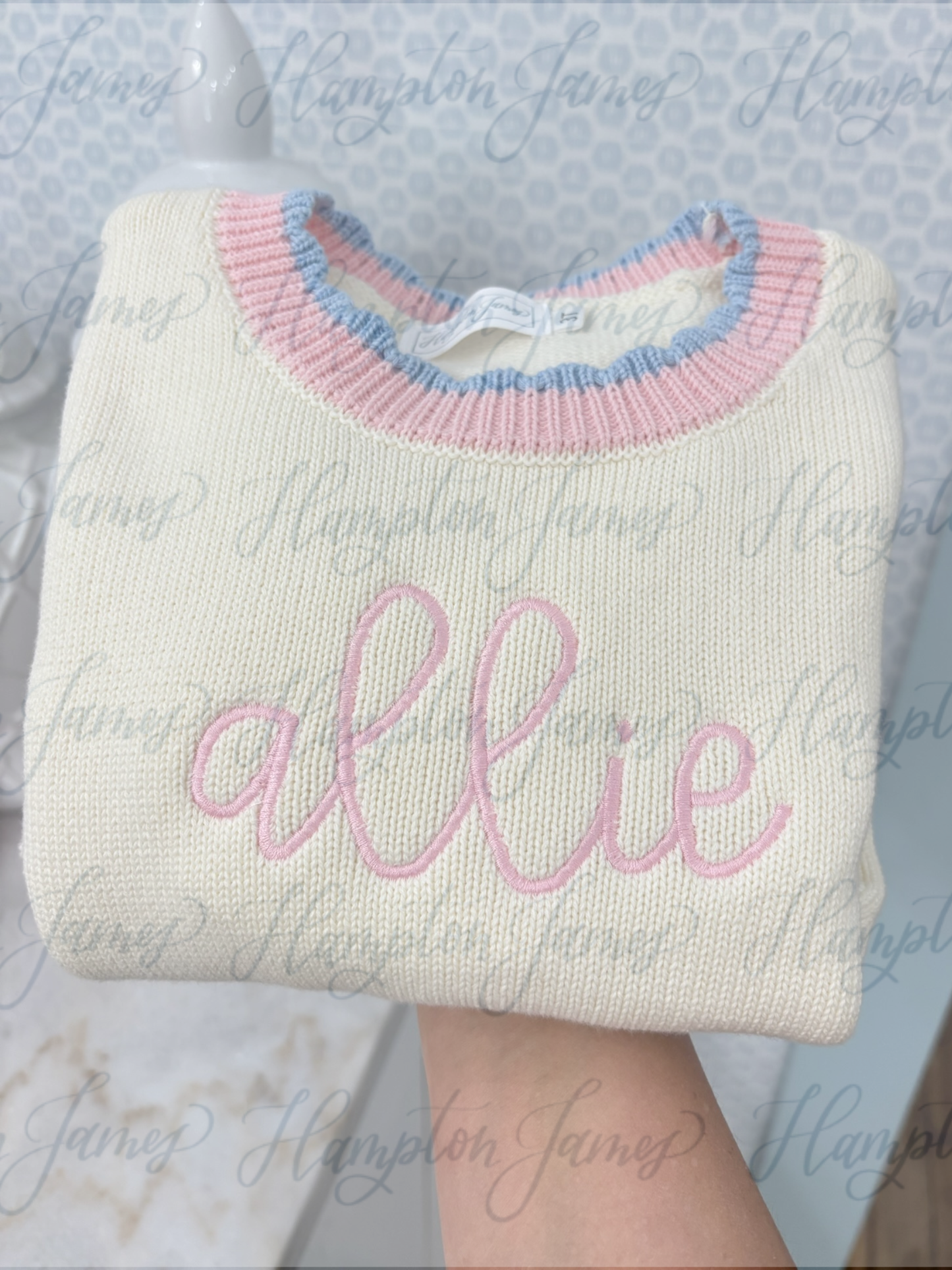 HJ rollneck sweater- cream with pink and blue trim