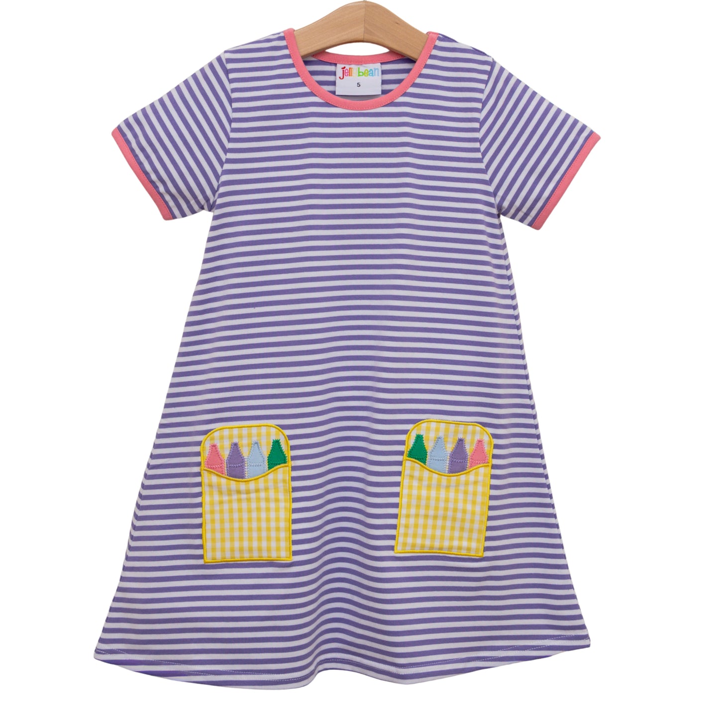 Crayon pocket applique dress- lavender stripe