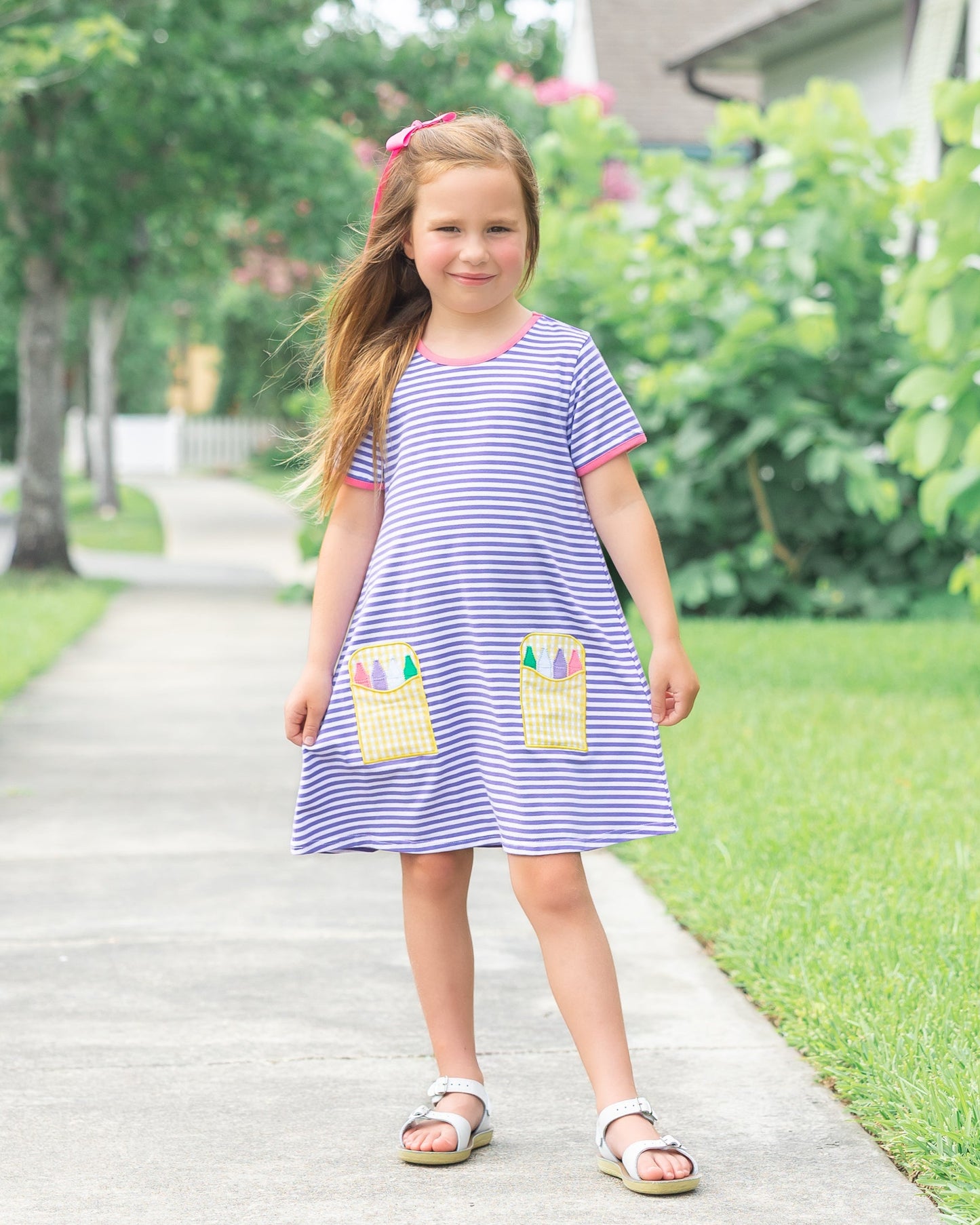 Crayon pocket applique dress- lavender stripe