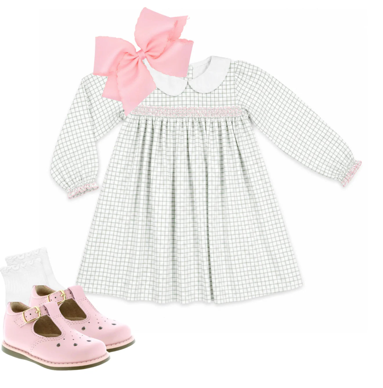 Girls sage windowpane smocked dress