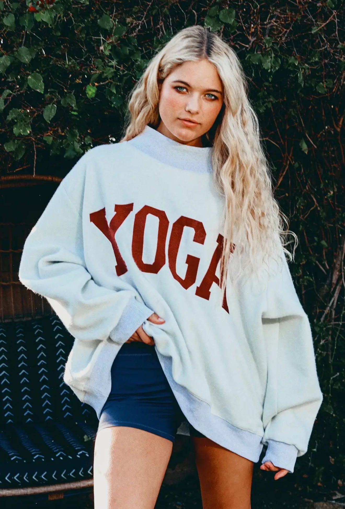 pilates & yoga print reversible mockneck sweatshirt