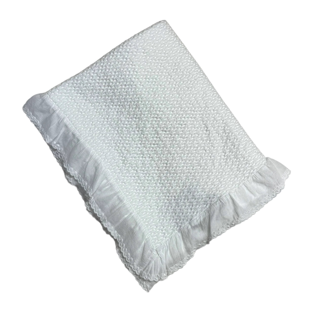 Stonewashed puckered blanket with dotted swiss ruffle