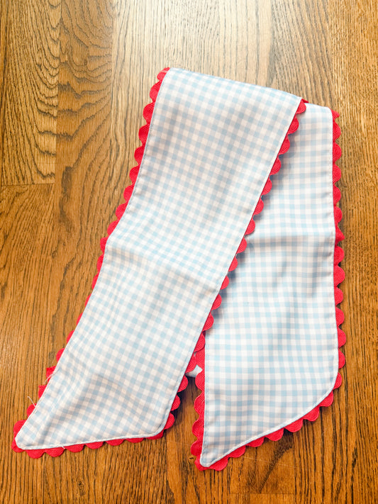Blue gingham w/ red ric rac wreath sash
