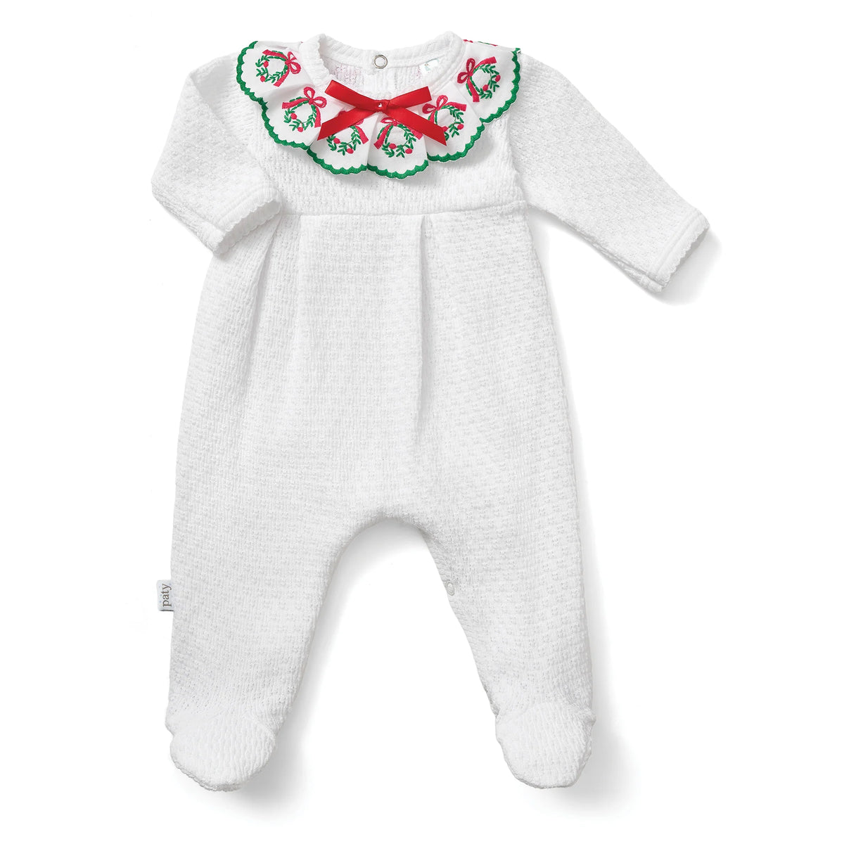 PatyKnit™ Christmas Footie with Wreath Trim