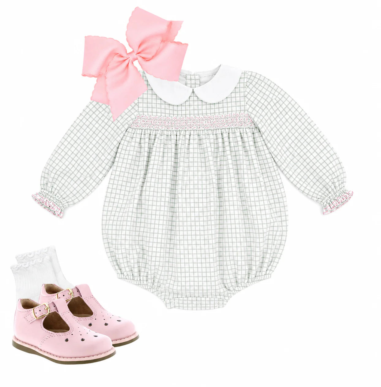 Girls sage windowpane smocked bubble