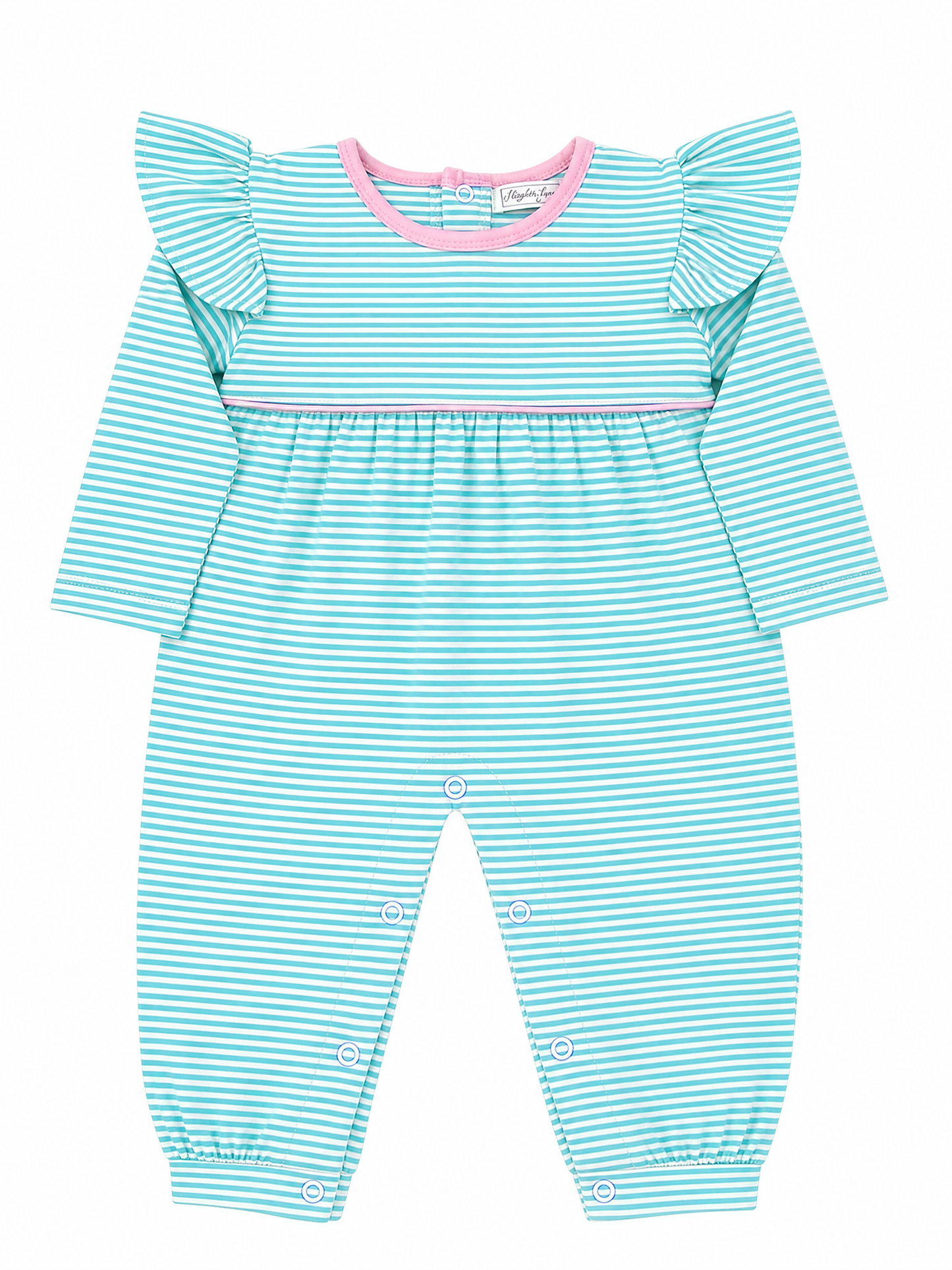 Everyday LS teal romper with pink trim