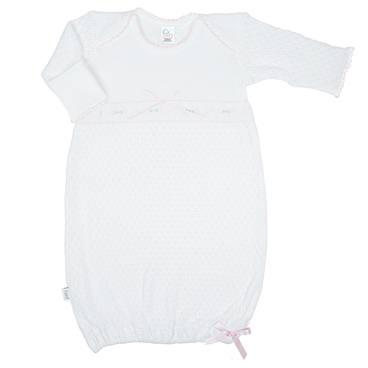 PATY KNIT OVERLAP SHOULDER GOWN W/ SWISS FLORAL TRIM