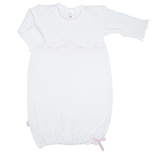 PATY KNIT OVERLAP SHOULDER GOWN W/ SWISS FLORAL TRIM