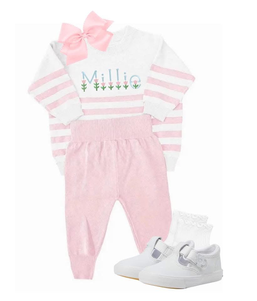 Pink and white organic cotton knit set
