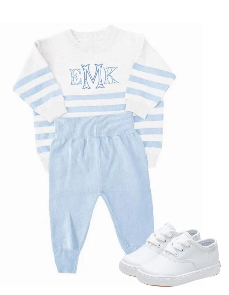 blue and white organic cotton knit set