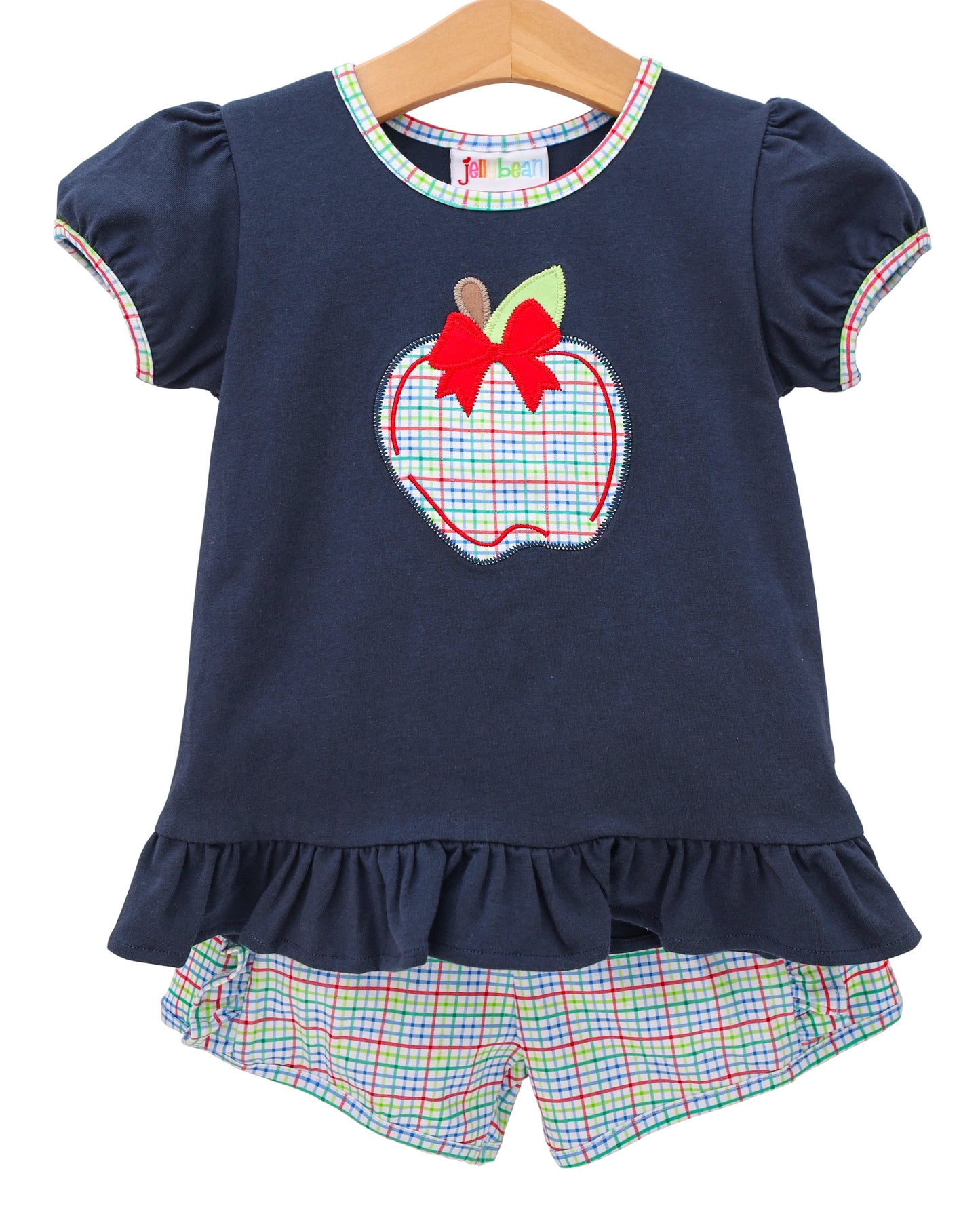 Primary plaid apple ruffle short set