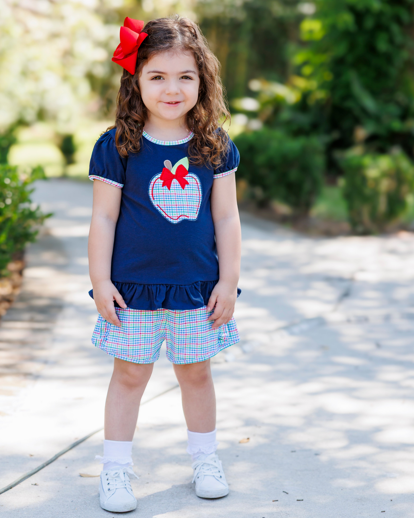 Primary plaid apple ruffle short set