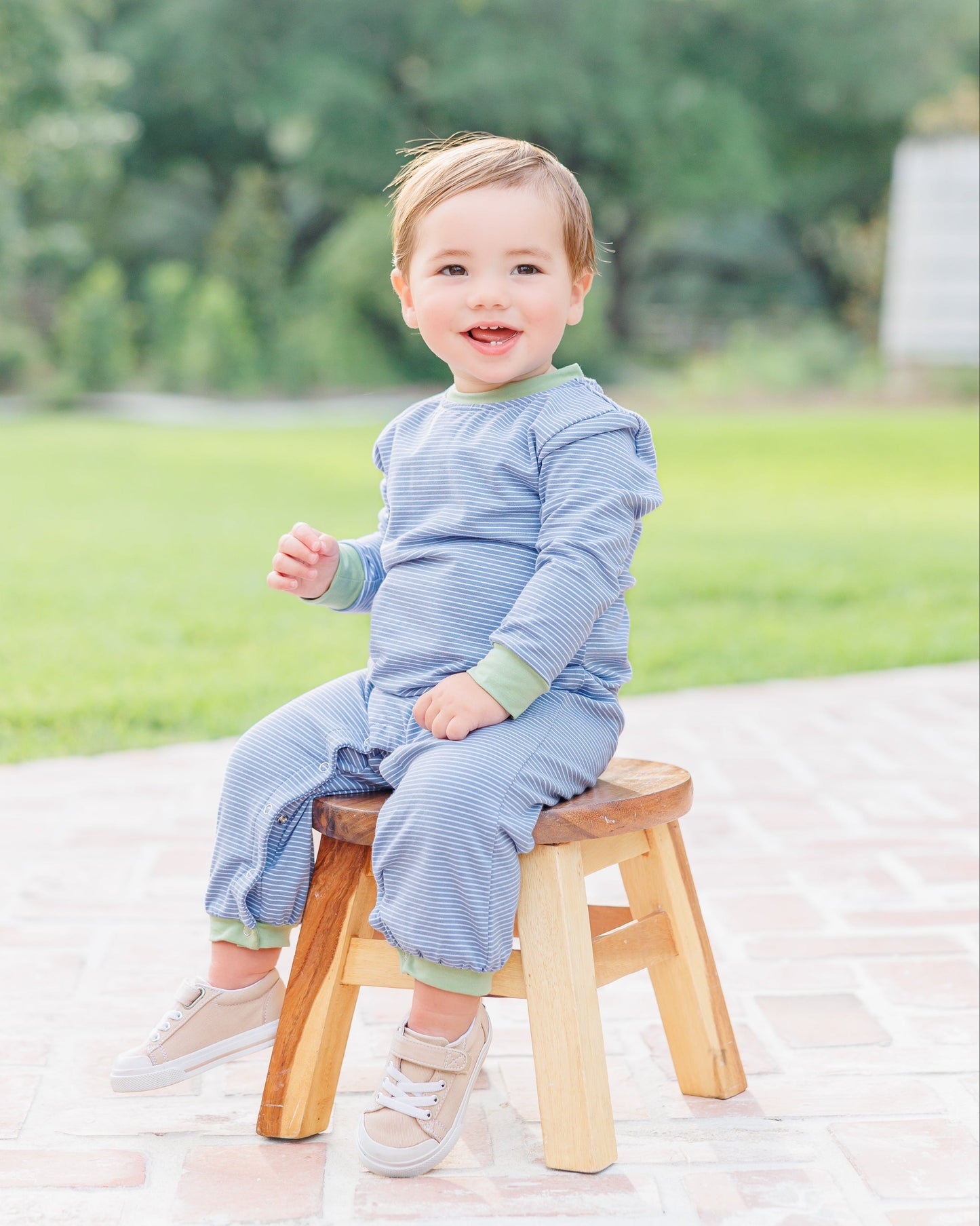 Thomas romper- dusty blue stripe/sage