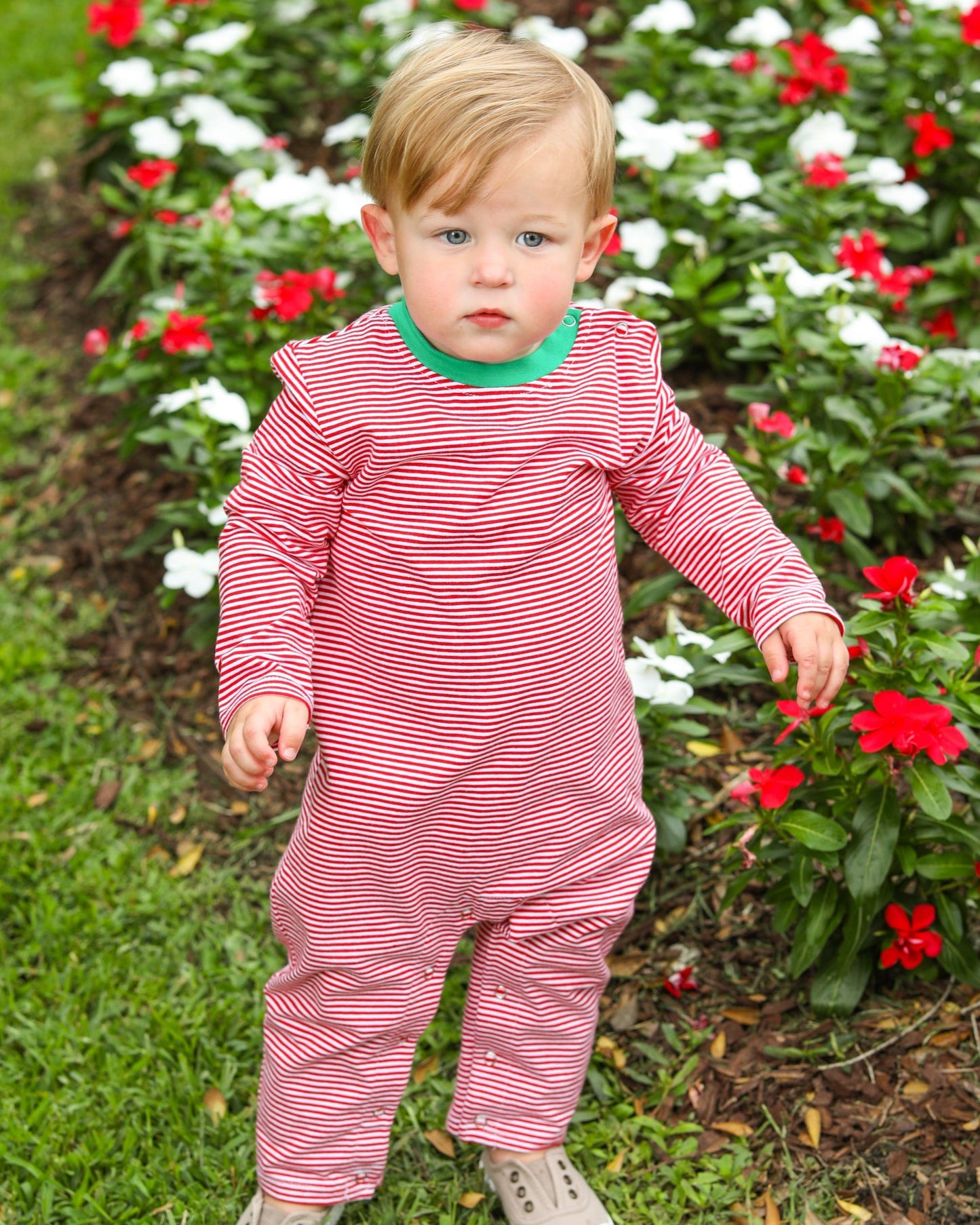 thomas romper-red stripe and green
